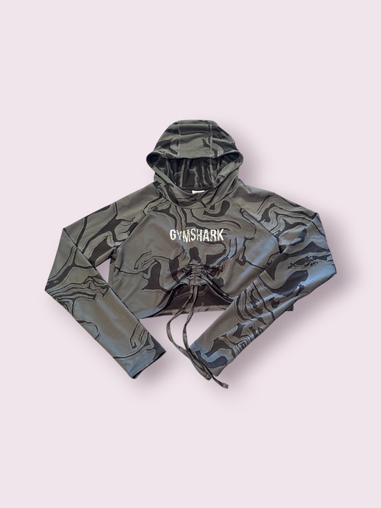 Gymshark Tops - Women's Gymshark Power Crop Hoodie Gray Black Marble Print Synch Size Medium